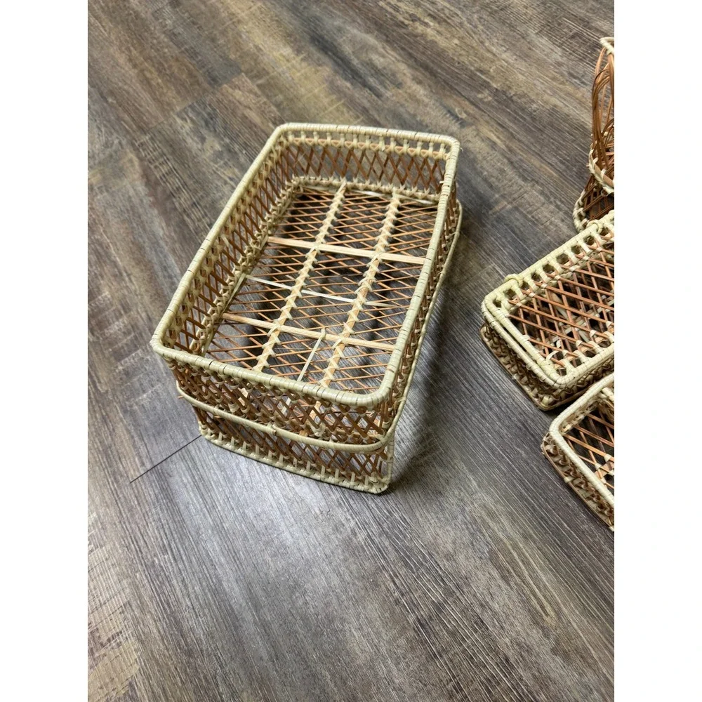 Vintage Wicker Rattan Miniature Furniture Basket Set 6pc Boho Peacock Chair Tray